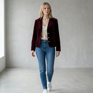 Axcess Velvet Velour Y2K Pockets Holiday Party Blazer Womens 14 Red Gold Button